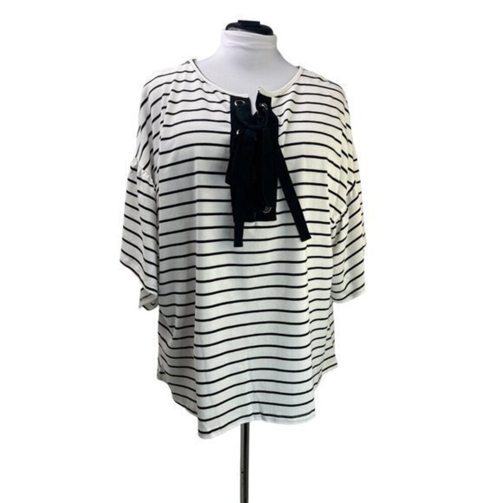 Umgee White Black Striped Lace Tie Front Bell Sleeve Tee XL NWOT $95